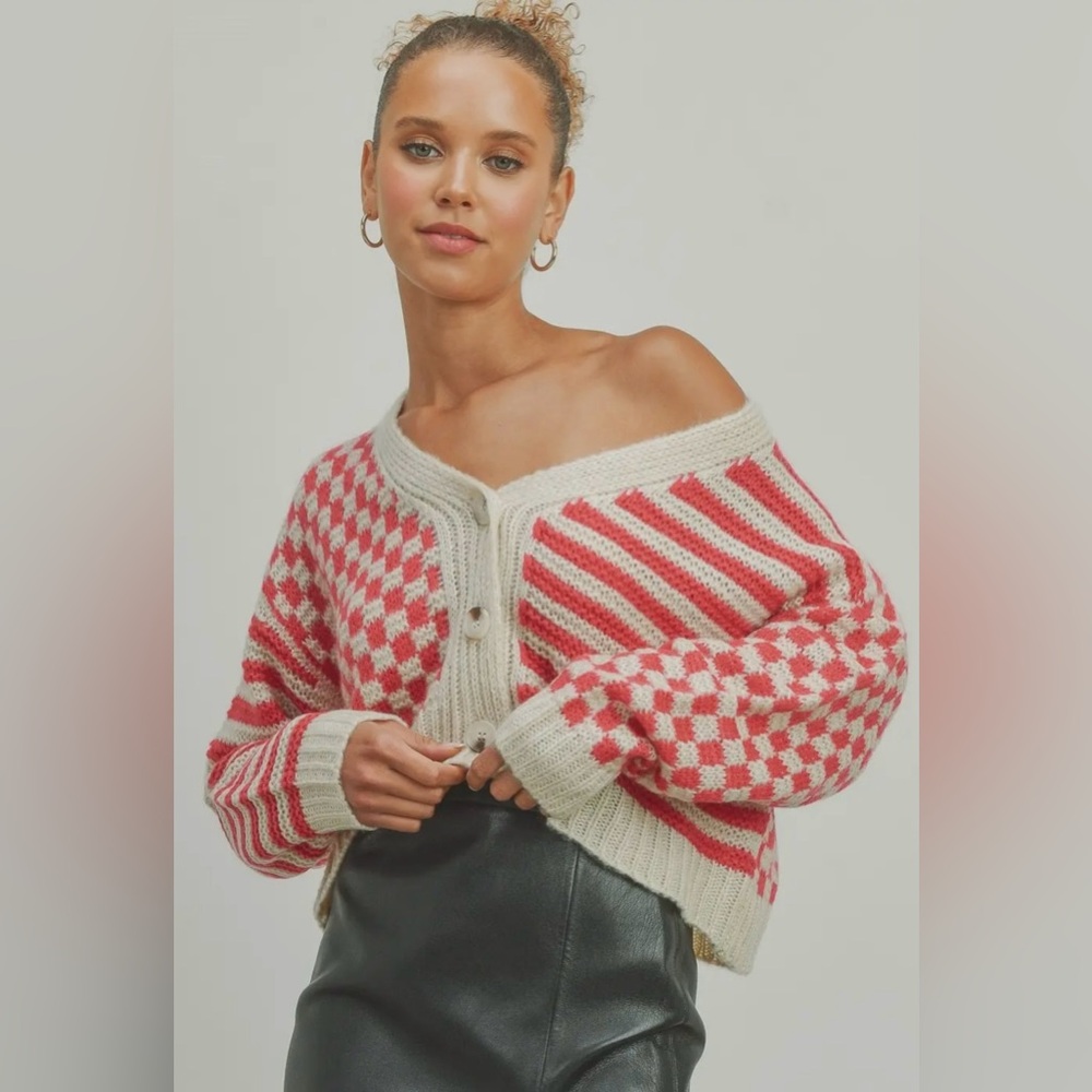 Red and Cream Checkered Women's Cardigan